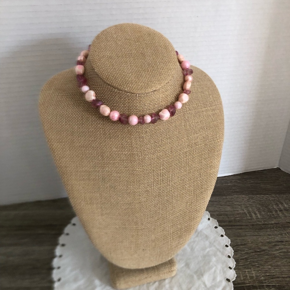 Vtg Pink Beaded Choker Necklace